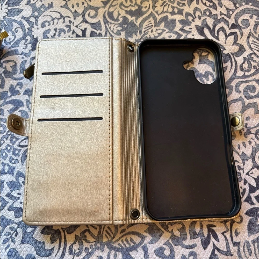 iPhone 16 plus Gold Wallet Phone Case with Crossbody and Wristlet Strap